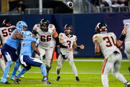 BC Lions quarterback Vernon Adams Jr. throws a pass against the Toronto Argonauts at BMO Field. We're expecting the Over to hit in our Stampeders vs. Lions Prediction. 
