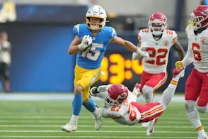 Los Angeles Chargers wide receiver Ladd McConkey carries the ball against the Kansas City Chiefs.