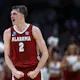 Grant Nelson #2 of the Alabama Crimson Tide reacts as we offer our best Elite Eight player props and best bets for the NCAA Tournament on Saturday.