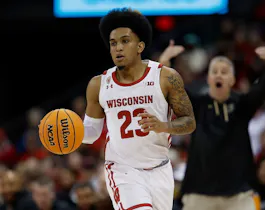 Chucky Hepburn #23 of the Wisconsin Badgers is a focus in our North Texas vs. Wisconsin predictions.