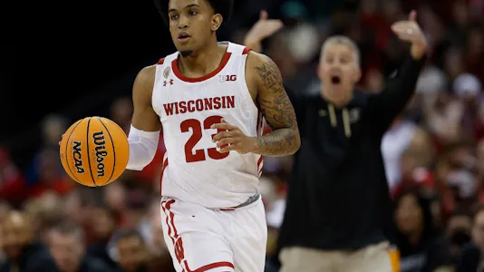 Chucky Hepburn #23 of the Wisconsin Badgers is a focus in our North Texas vs. Wisconsin picks.