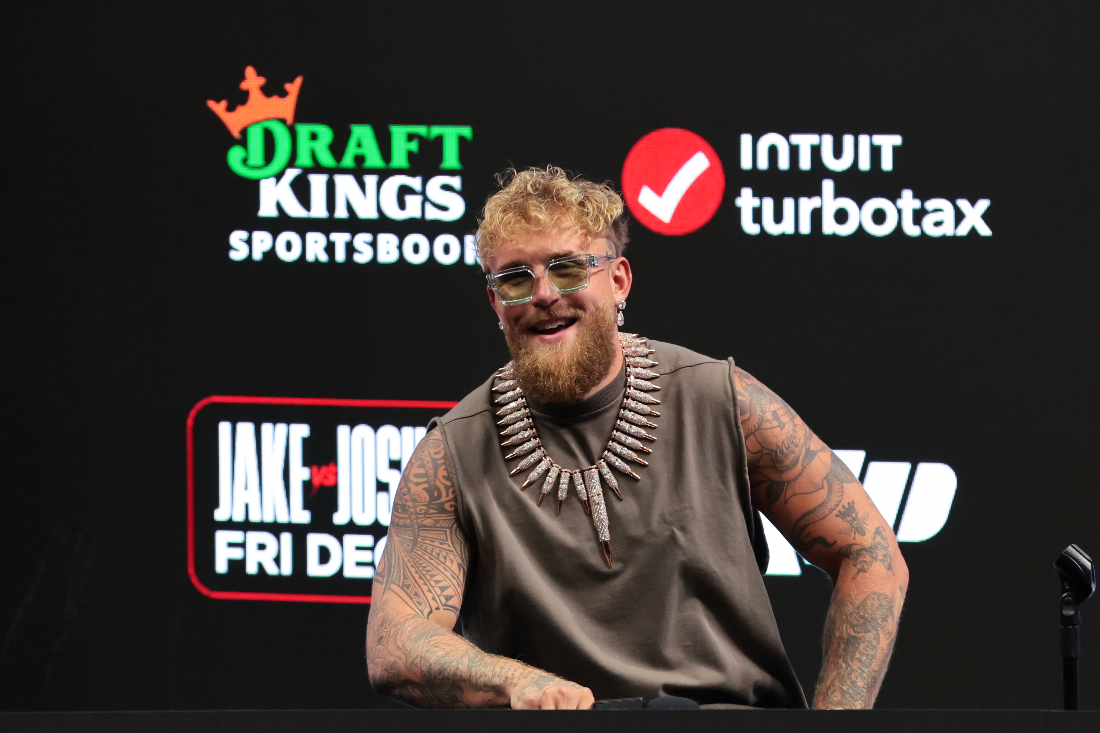 Jake Paul speaks to reporters during a press conference as we look at his long odds vs. Anthony Joshua