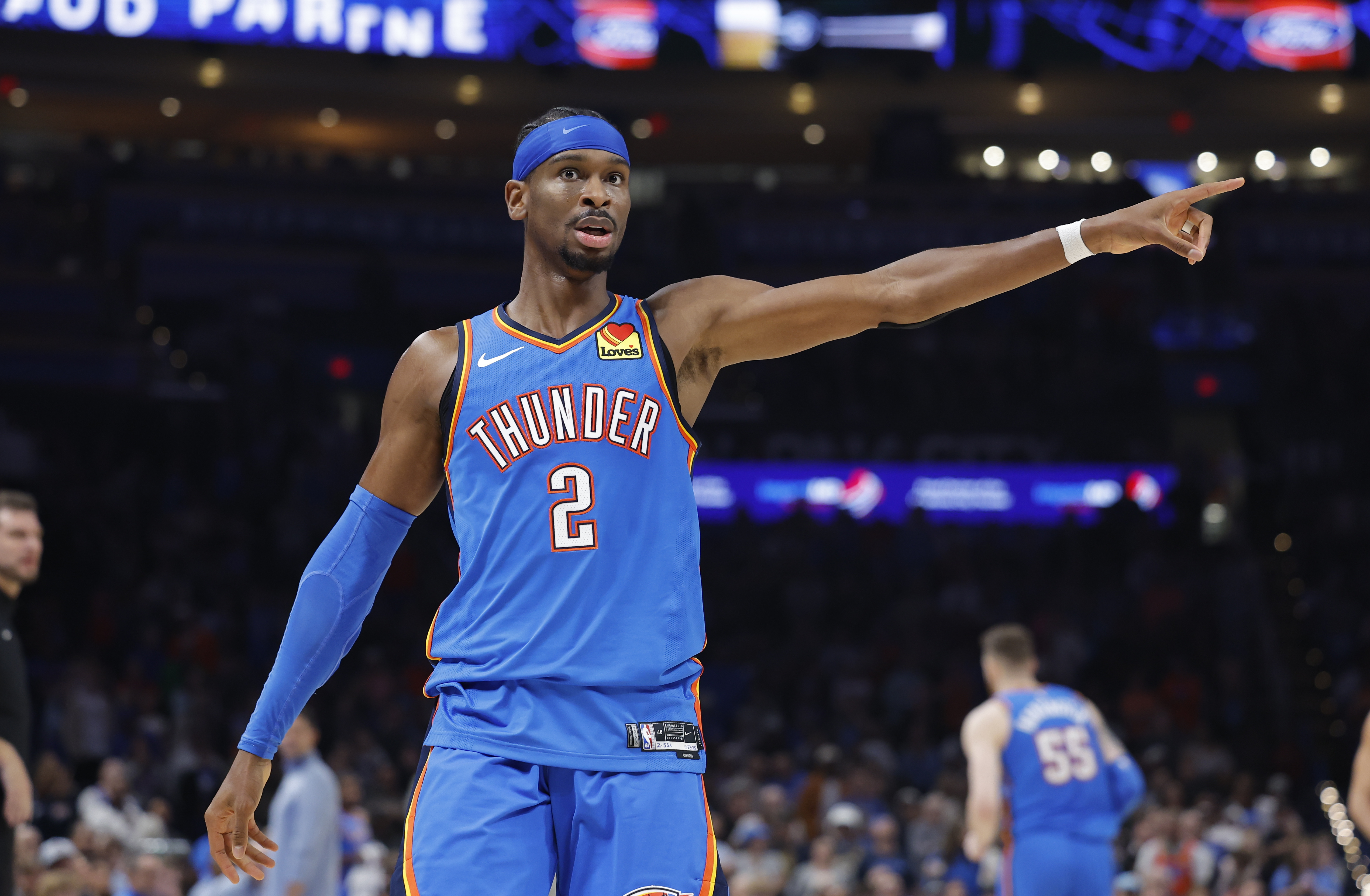 Oklahoma City Thunder guard Shai Gilgeous-Alexander (2) gestures as we break down the NBA championship odds