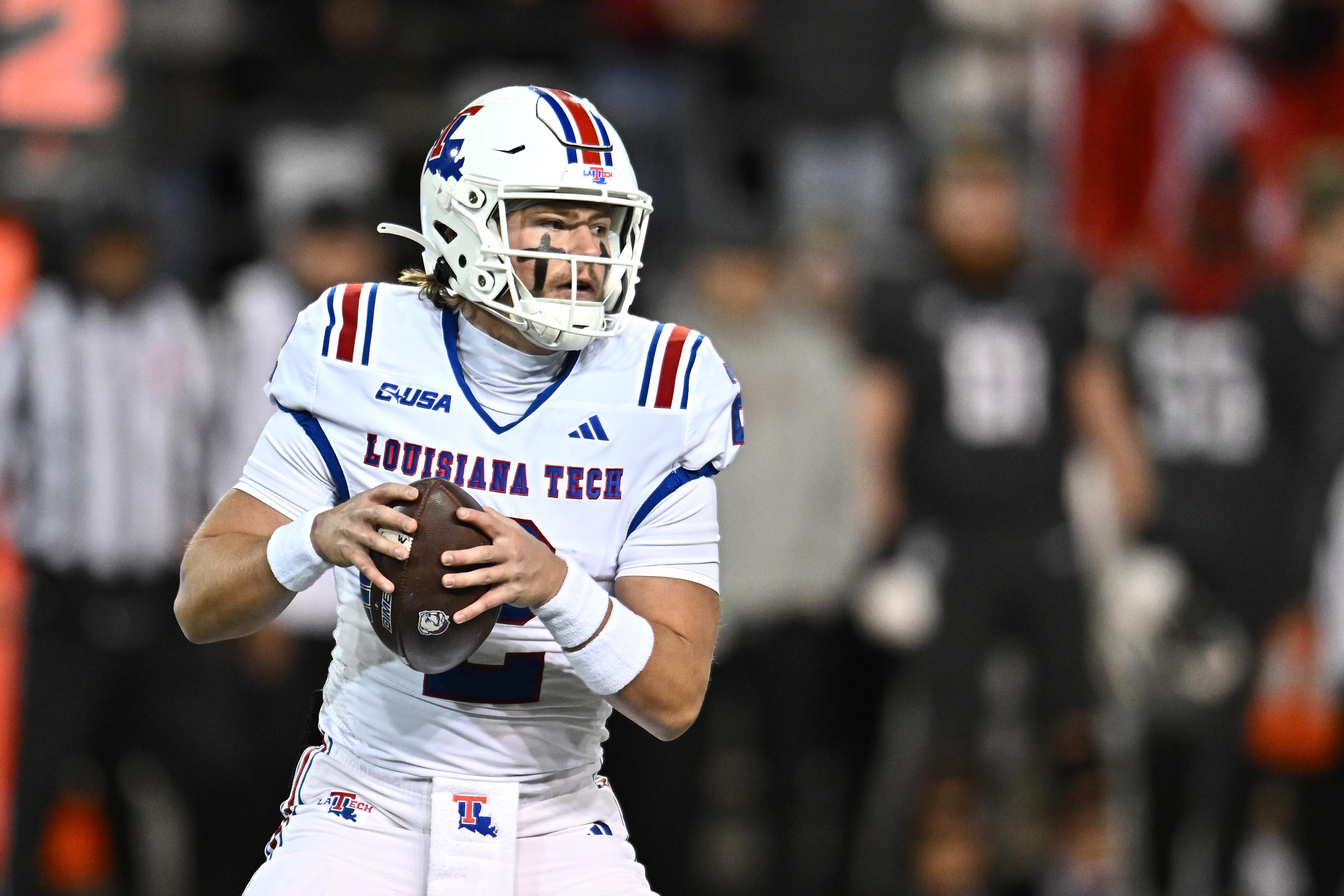 Louisiana Tech quarterback Trey Kukuk (2) drops back as we offer our Coastal Carolina vs. Louisiana Tech predictions.