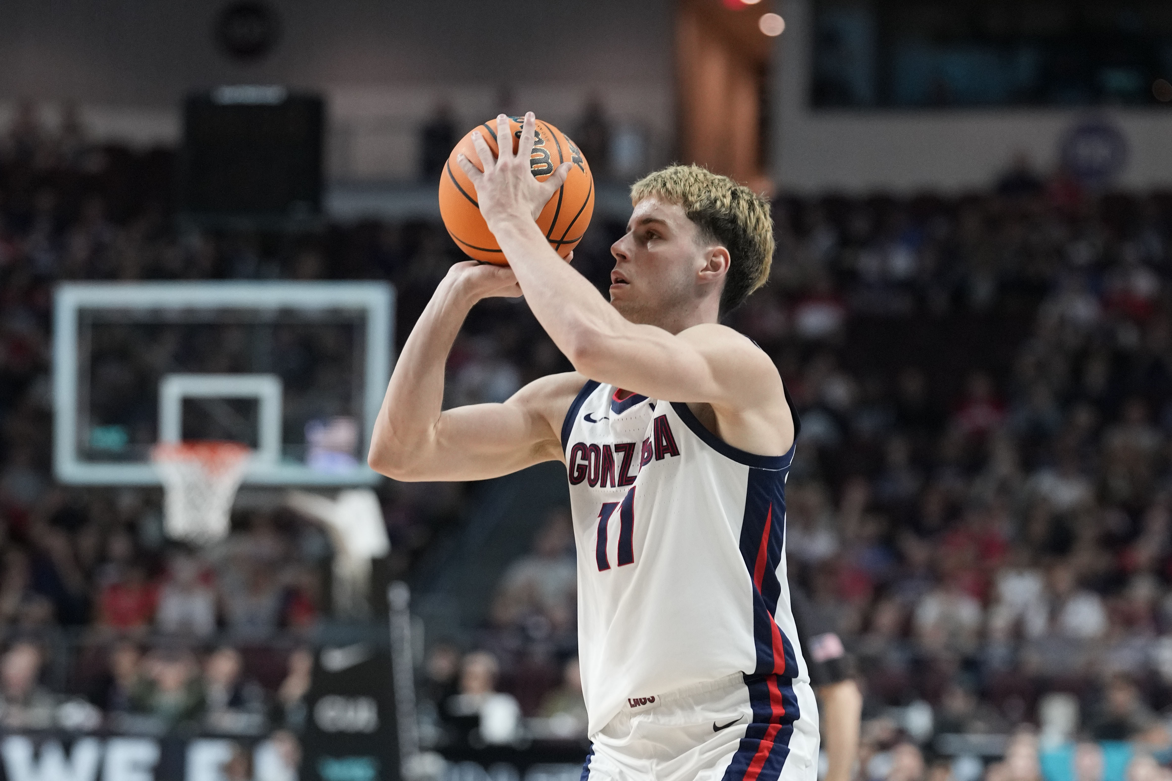 Gonzaga Bulldogs guard Mario Saint-Supery (17), seen here shooting during a game, is featured in our Kennesaw State vs. Gonzaga prediction.
