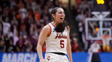 Georgia Amoore #5 of the Virginia Tech Hokies reacts as we look at the 2024 March sports betting financials for Virginia 