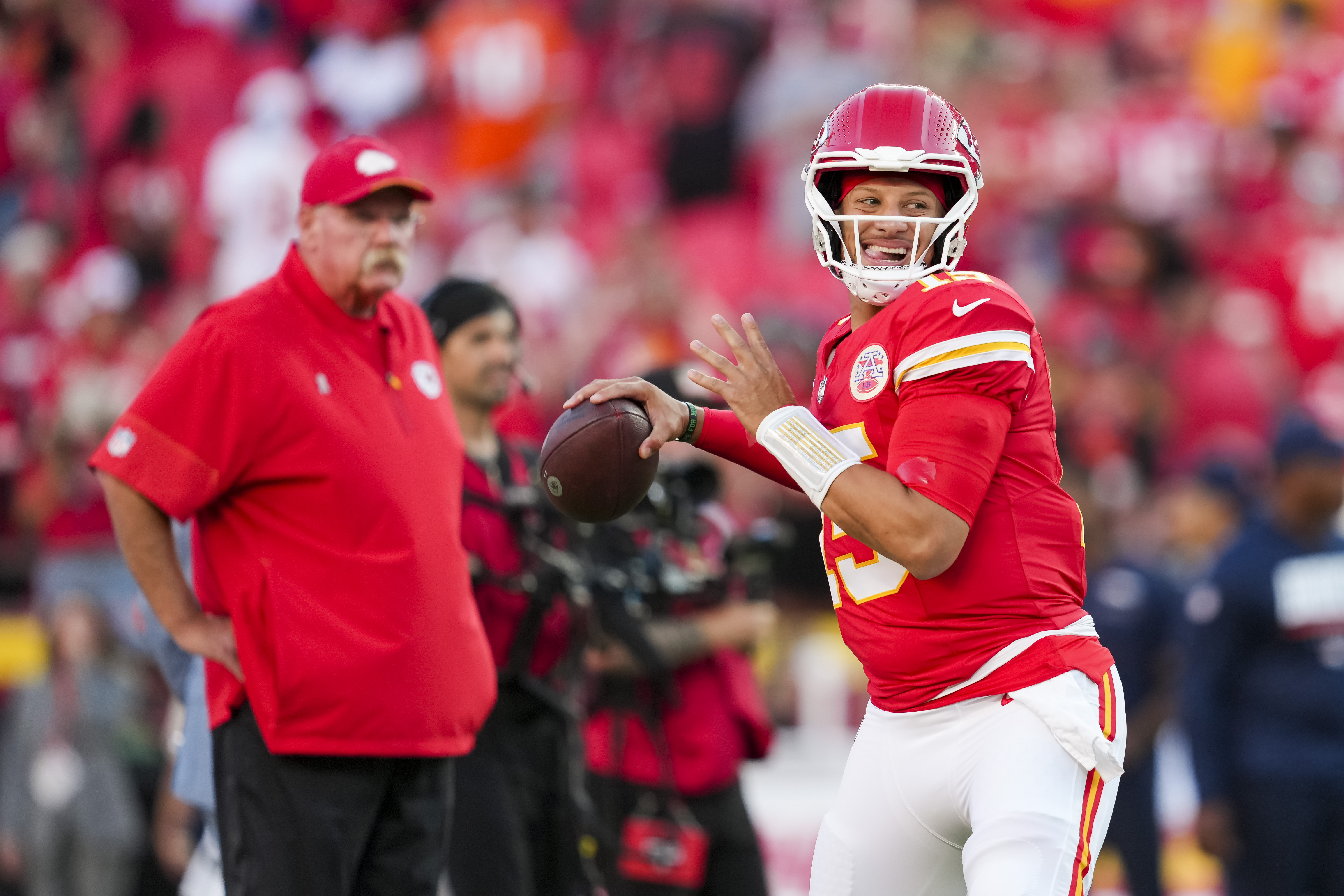 Pictured: Quarterback Patrick Mahomes as we break down our Colts vs. Chiefs prediction. Jay Biggerstaff-Imagn Images.
