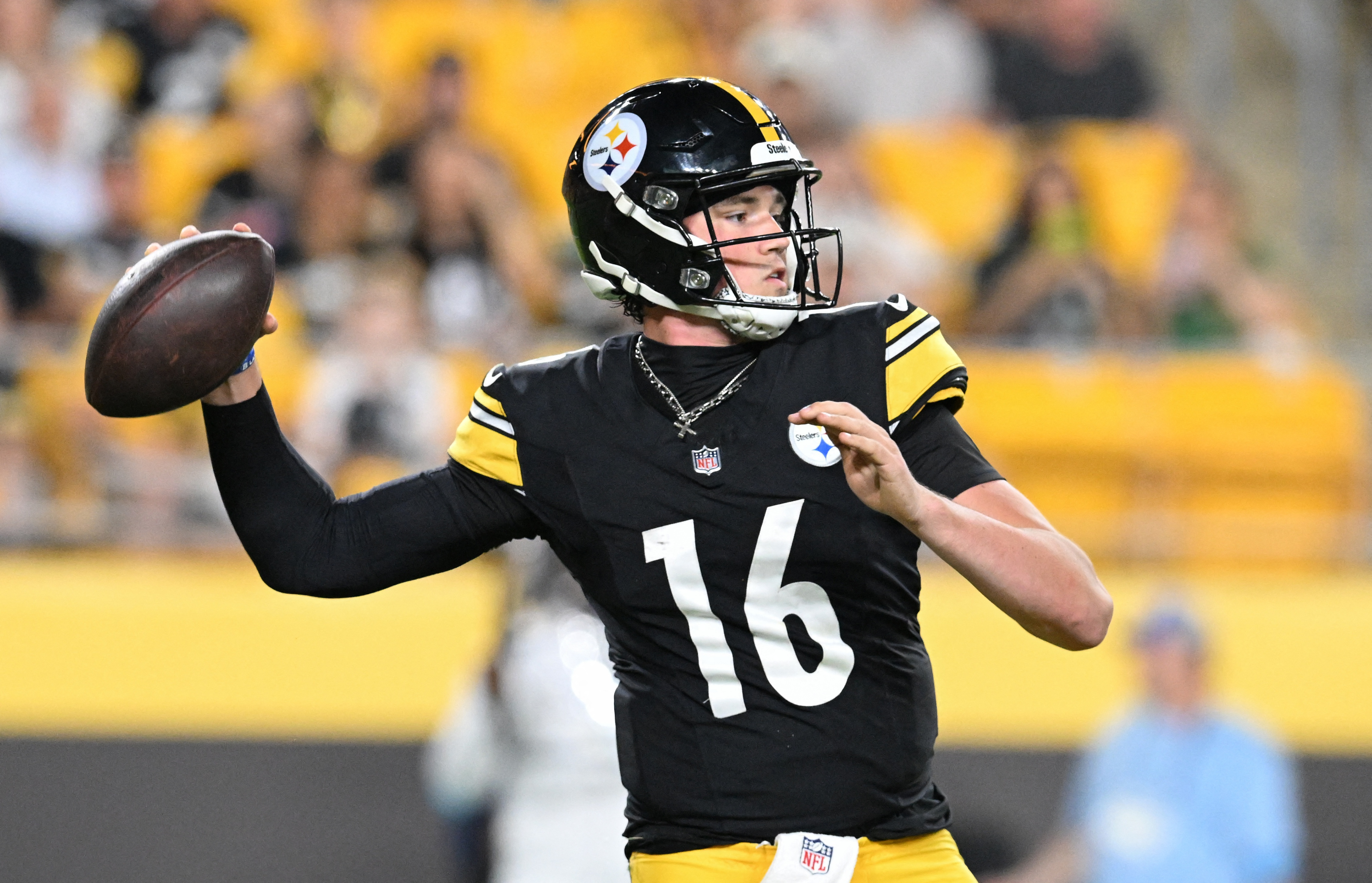 Pittsburgh Steelers quarterback Drew Allar (16) throws a pass as he is featured in our Steelers vs. Bills prediction.