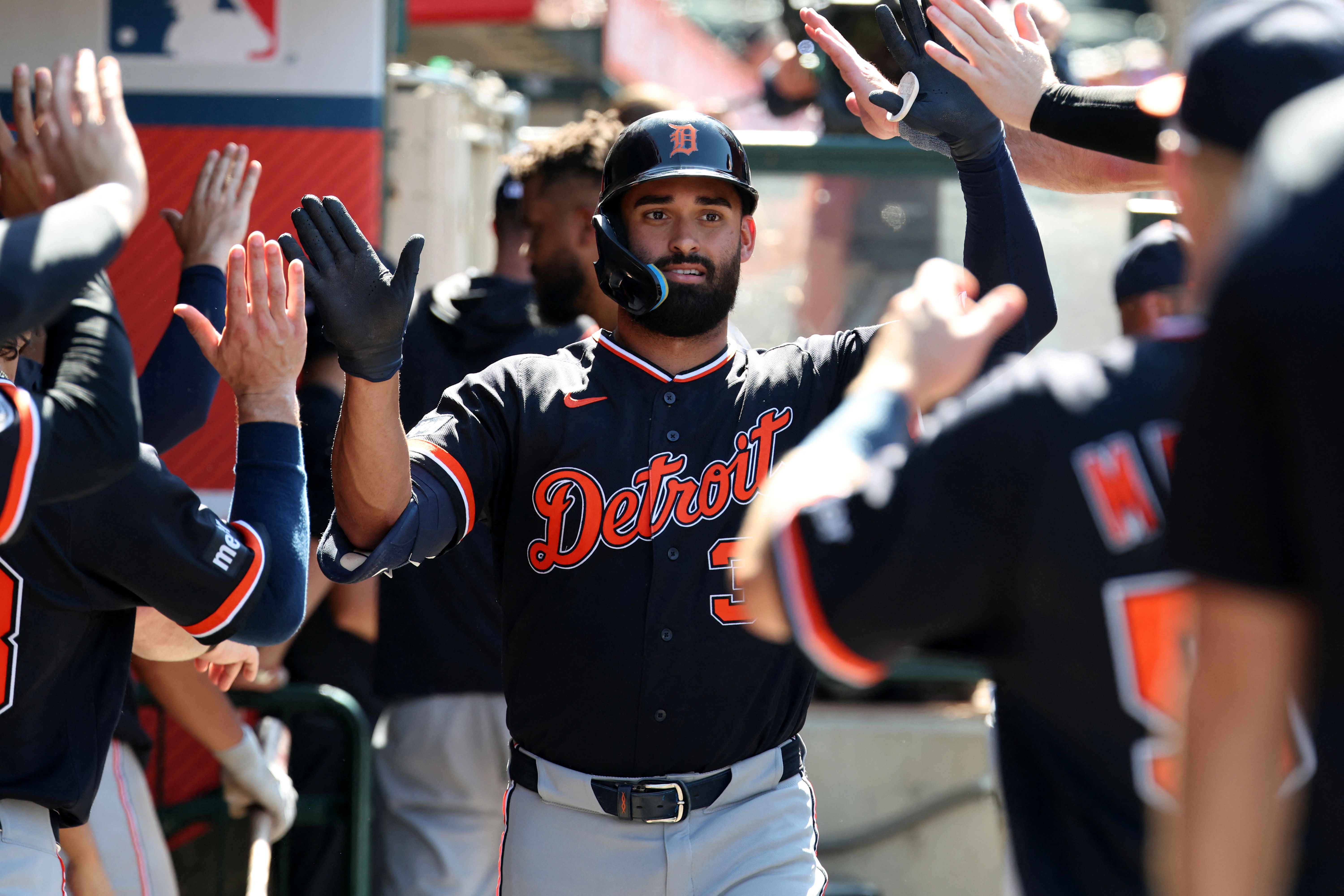 Detroit Tigers left fielder Riley Greene is greeted in the dugout, and he's key to my home run predictions today.