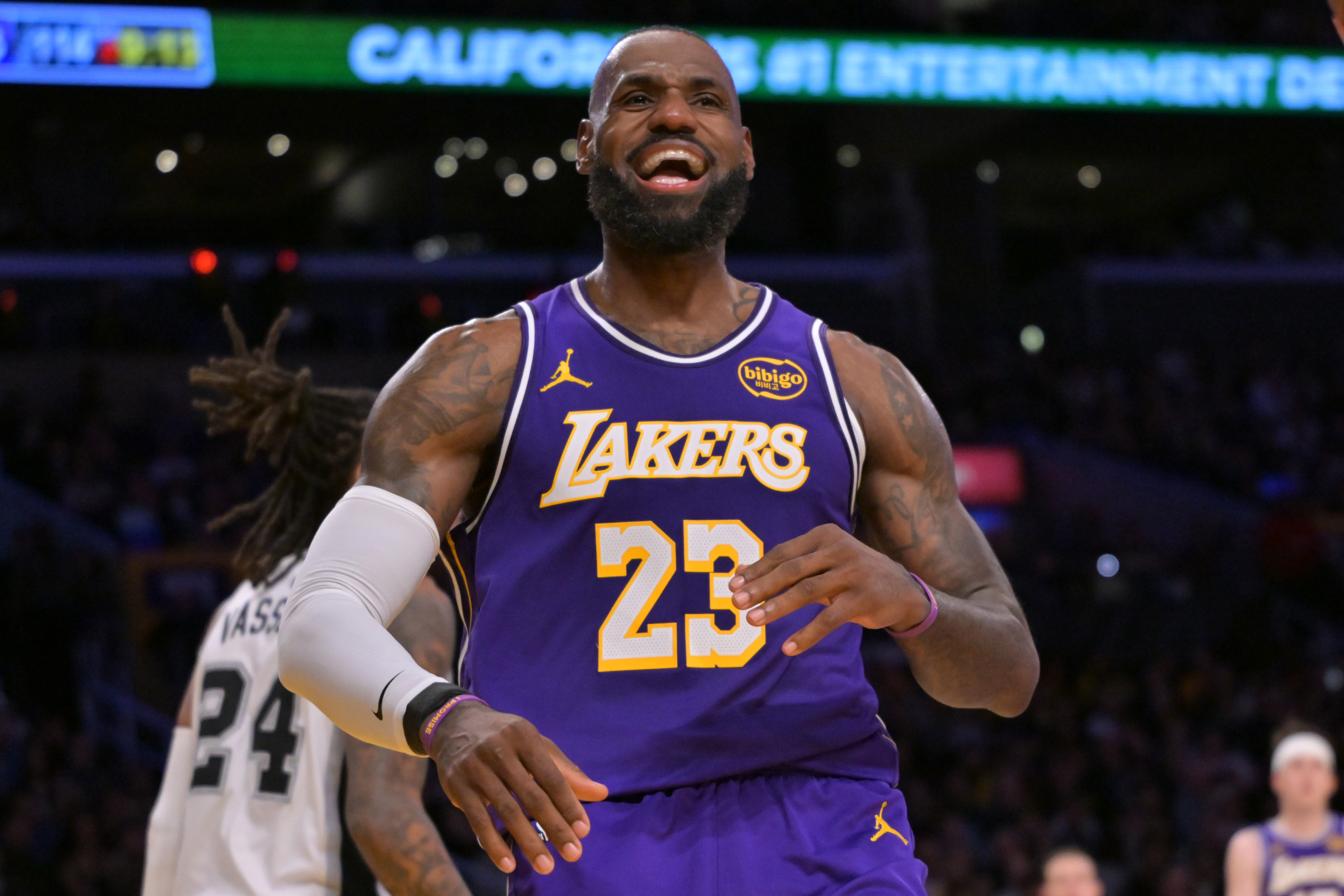Los Angeles Lakers forward Lebron James (23), seen here reacting after a missed basket, leads our Lakers vs. Clippers player props.