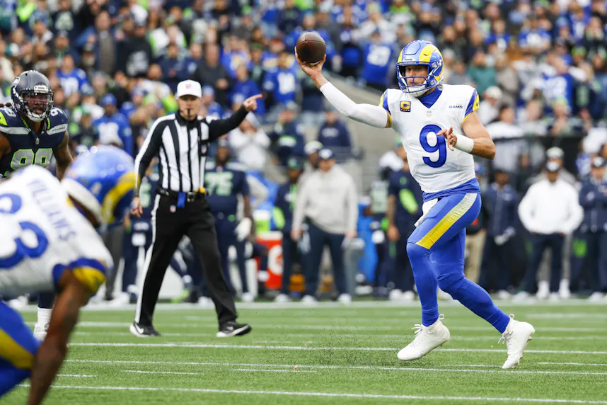 Los Angeles Rams quarterback Matthew Stafford passes against the Seattle Seahawks as we offer our Matthew Stafford MNF player prop bets.