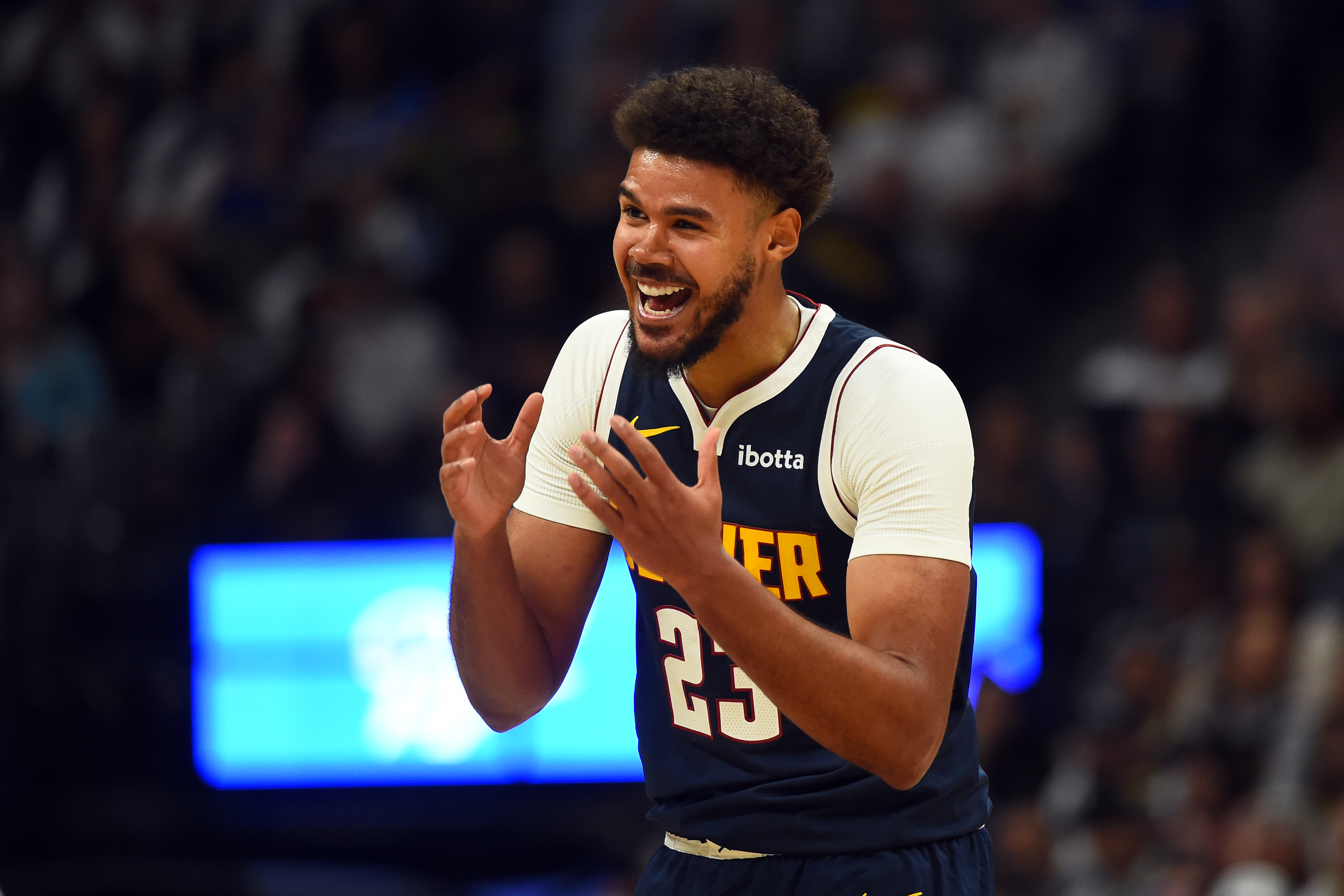 Denver Nuggets forward Cameron Johnson (23), seen here reacting after being called for a foul, is featured in our NBA player props tonight.
