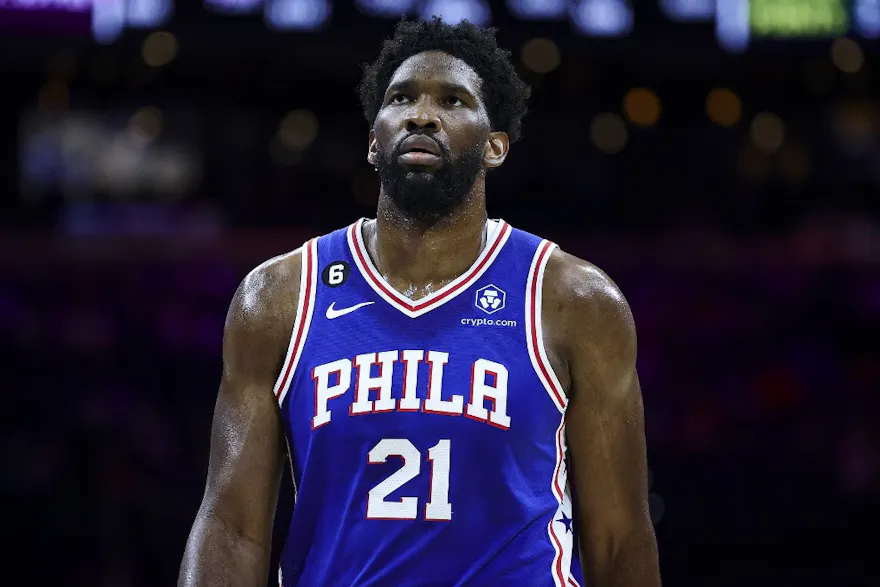 Joel Embiid of the Philadelphia 76ers looks on during the first quarter against the Indiana Pacers and we offer our top odds and predictions for player props for Monday's game between the 76ers and Nuggets.