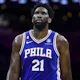 Joel Embiid of the Philadelphia 76ers looks on during the first quarter against the Indiana Pacers and we offer our top odds and predictions for player props for Monday's game between the 76ers and Nuggets.