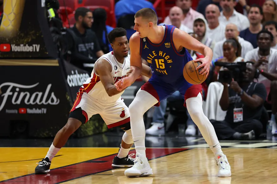 Nikola Jokic of the Denver Nuggets dribbles against Kyle Lowry of the Miami Heat during the 2023 NBA Finals at Kaseya Center in Miami, Florida. Photo by Mike Ehrmann/Getty Images via AFP.