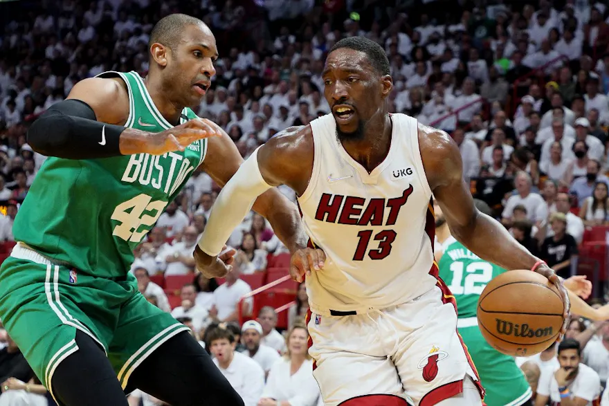 Bam Adebayo #13 of the Miami Heat drives to the basket against Al Horford #42 of the Boston Celtics during the first quarter in Game Seven of the 2022 NBA Playoffs Eastern Conference Finals at FTX Arena on May 29, 2022 in Miami, Florida.