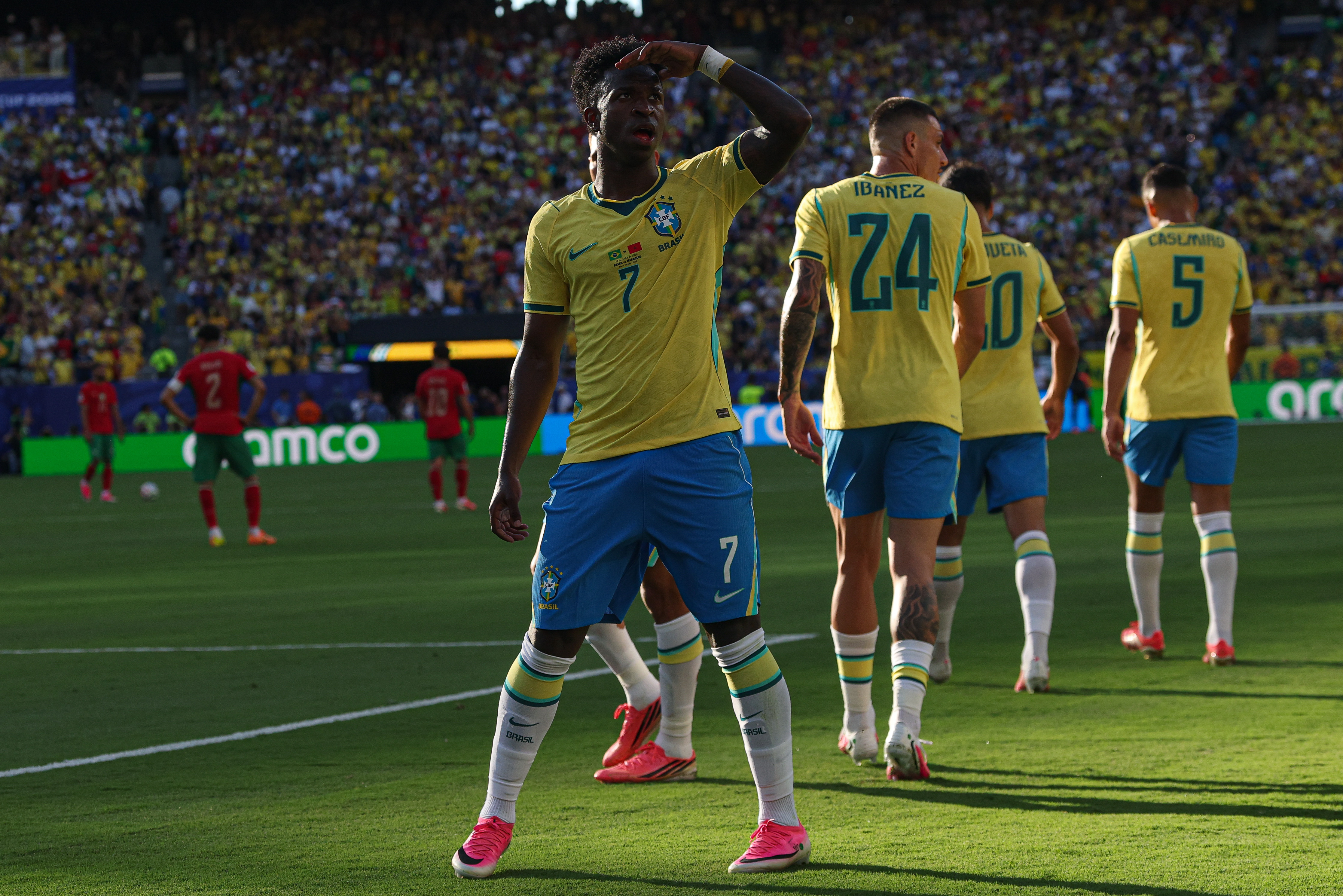 Brazil forward Vinicius Junior celebrates scoring as we make our best World Cup predictions today