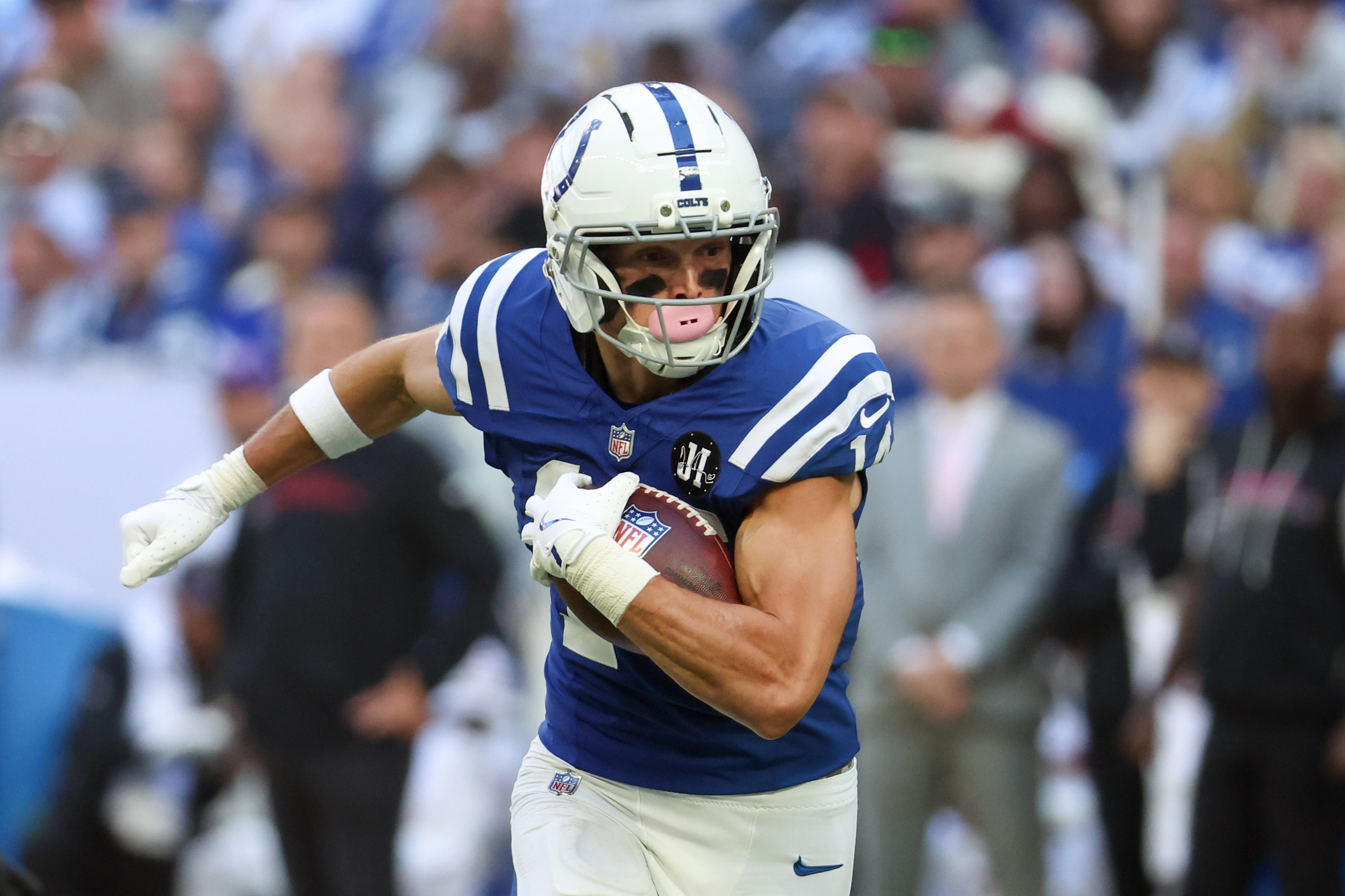 Indianapolis Colts wide receiver Alec Pierce (14), seen here carrying the ball, is featured in our anytime touchdown scorer predictions for Monday Night Football.