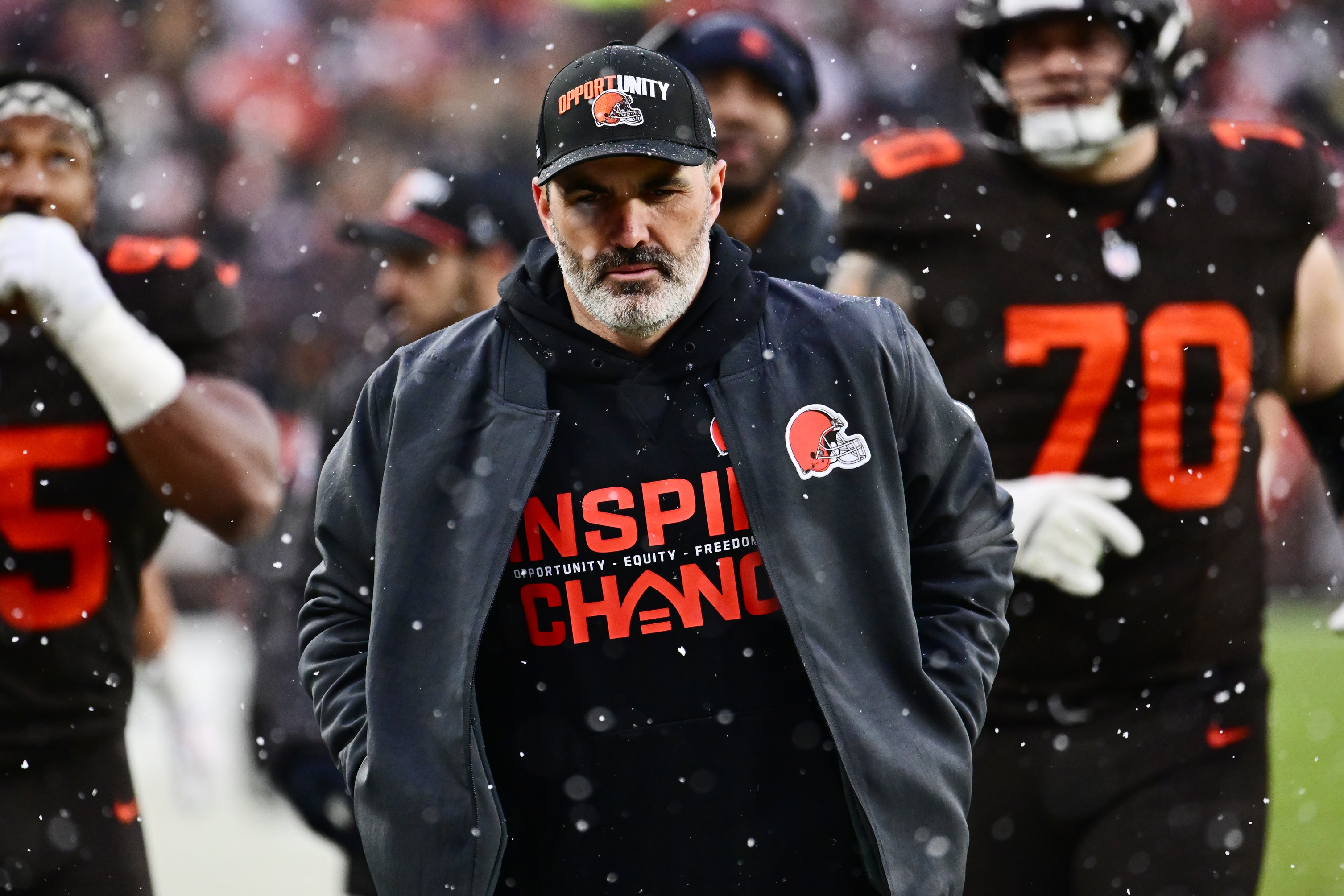  Cleveland Browns head coach Kevin Stefanski - who's featured in my next Giants head coach prediction - walks off the field.