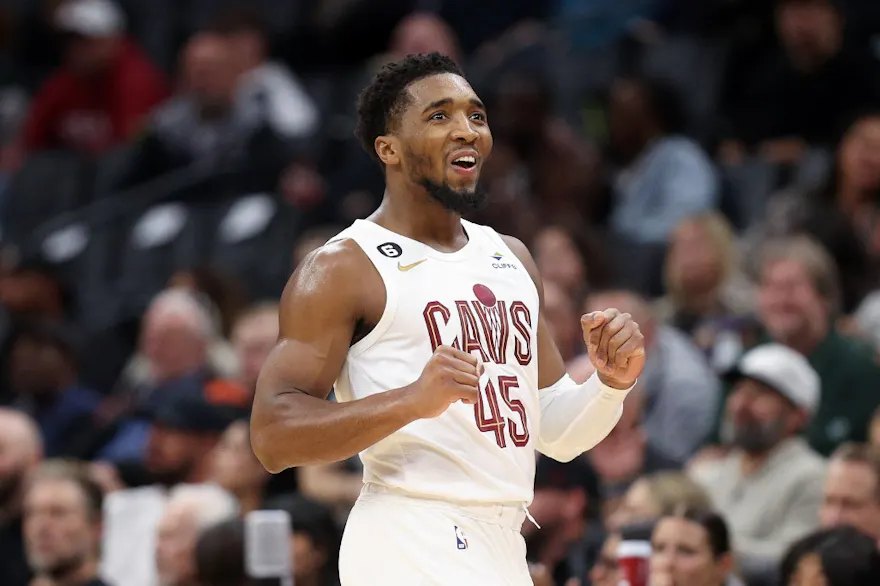 Donovan Mitchell of the Cleveland Cavaliers reacts during their game against the Sacramento Kings, and we offer new U.S. bettors our exclusive bet365 bonus code.
