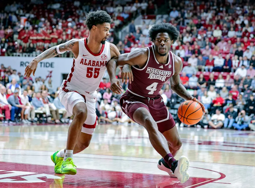 Cameron Matthews #4 of the Mississippi State Bulldogs drives to the basket as we look at our college basketball player props and best bets for Thursday.