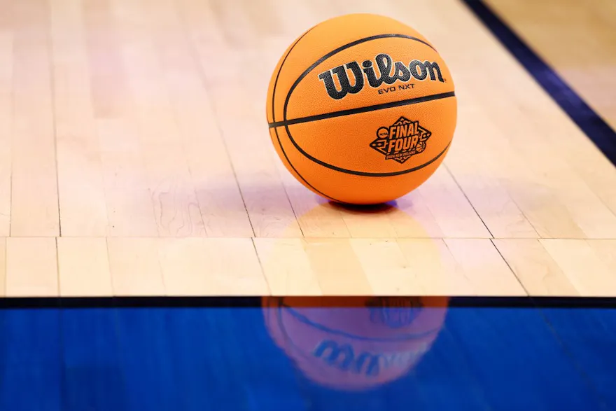 A detailed view of the ball prior to the game between the South Dakota State Jackrabbits and the Providence Friars in the first round game of the 2022 NCAA Men's Basketball Tournament at KeyBank Center on March 17, 2022 in Buffalo, New York.