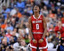 Terquavion Smith #0 of the North Carolina State Wolfpack reacts as we look at our NC State vs. Creighton prediction