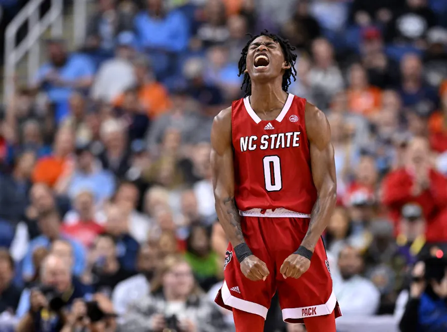 Terquavion Smith #0 of the North Carolina State Wolfpack reacts as we look at our NC State vs. Creighton prediction