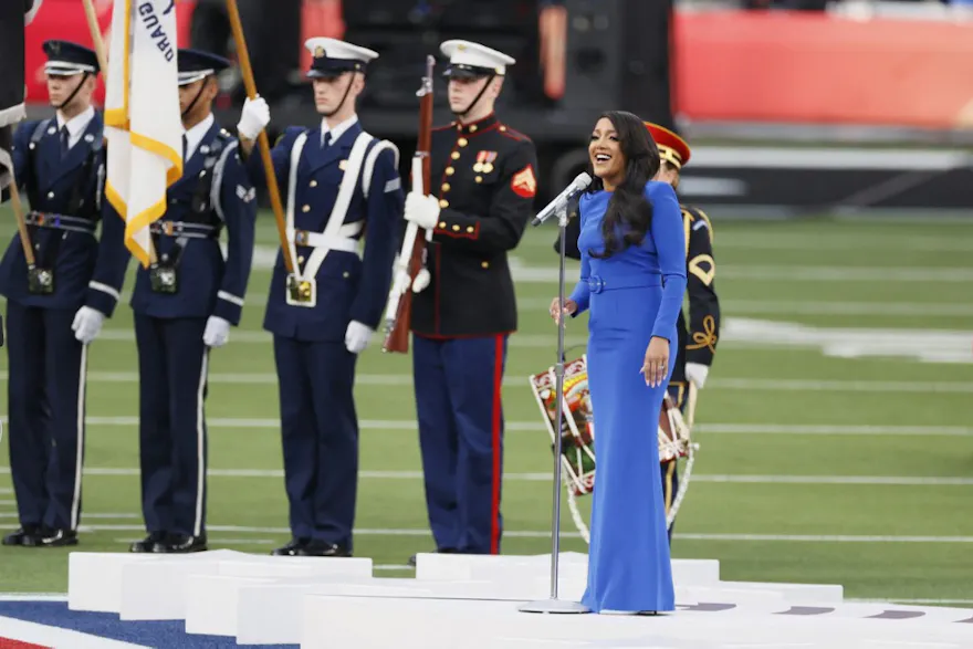 Singer Mickey Guyton performs the national anthem before Super Bowl LVI between the Cincinnati Bengals and the Los Angeles Rams at SoFi Stadium on February 13, 2022 in Inglewood, California.