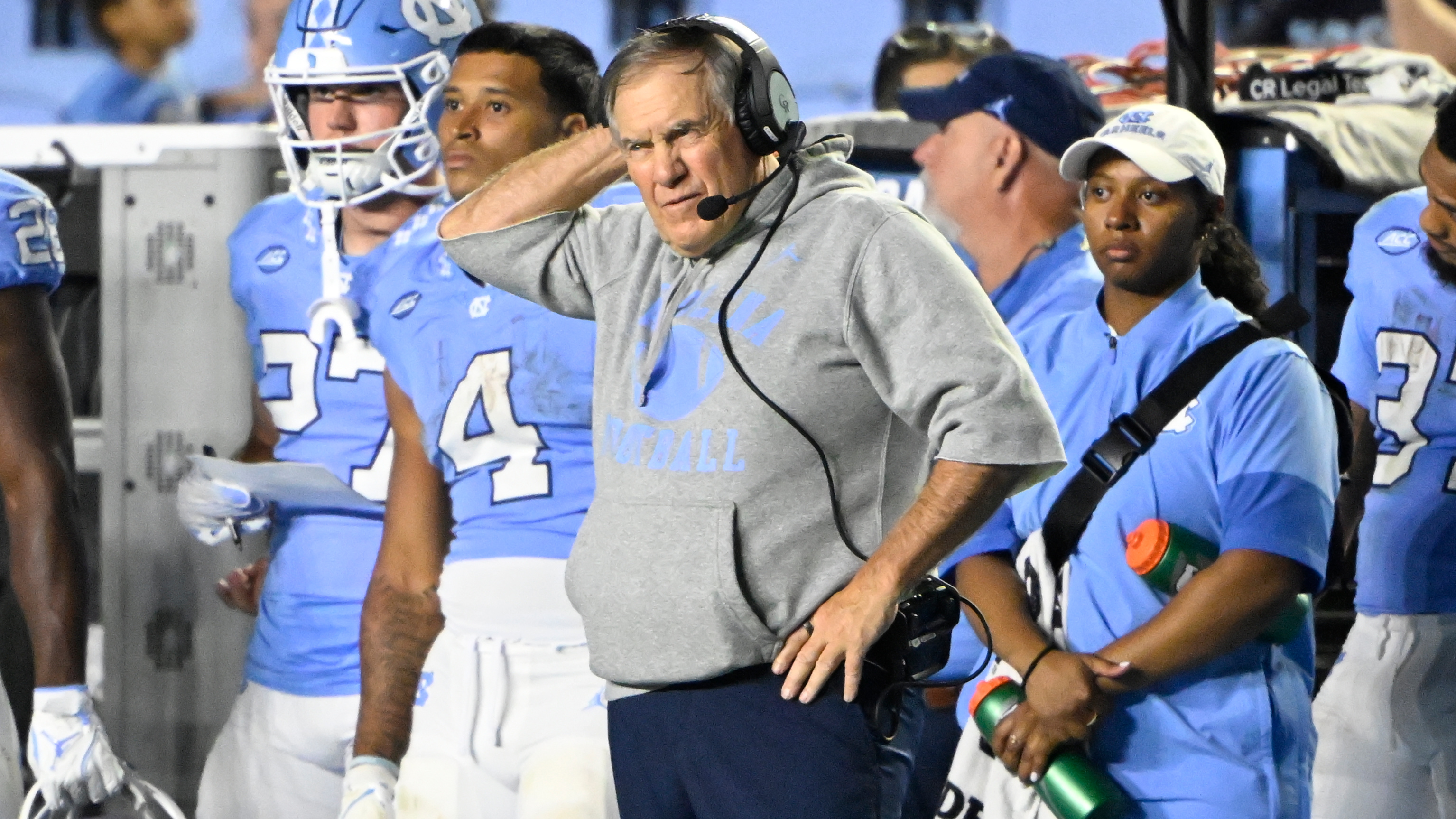 North Carolina Tar Heels head coach Bill Belichick on the sidelines as we break down our North Carolina vs. TCU prediction.