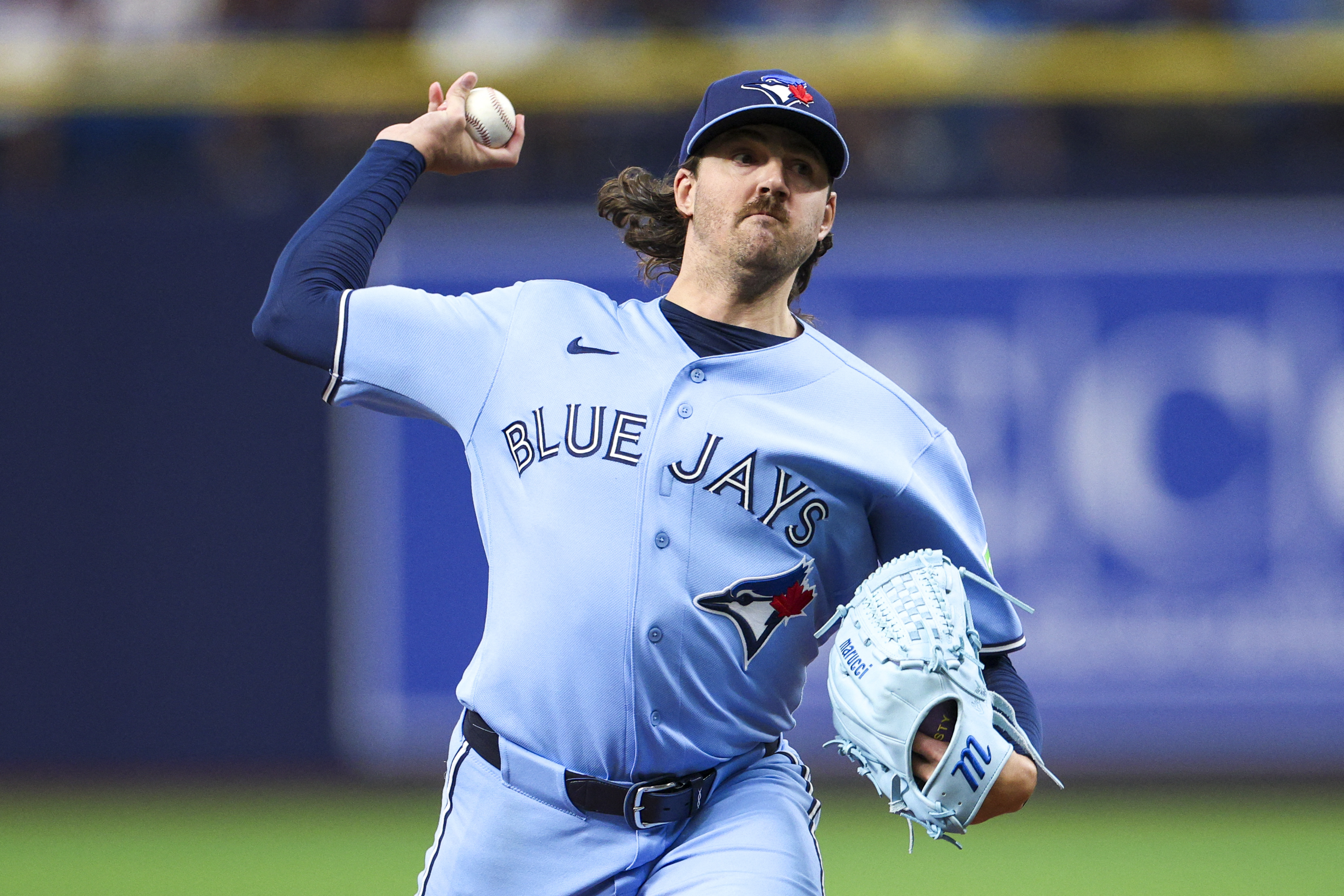 Toronto Blue Jays starting pitcher Kevin Gausman - who's featured in my best NRFI bets today - throws a pitch.