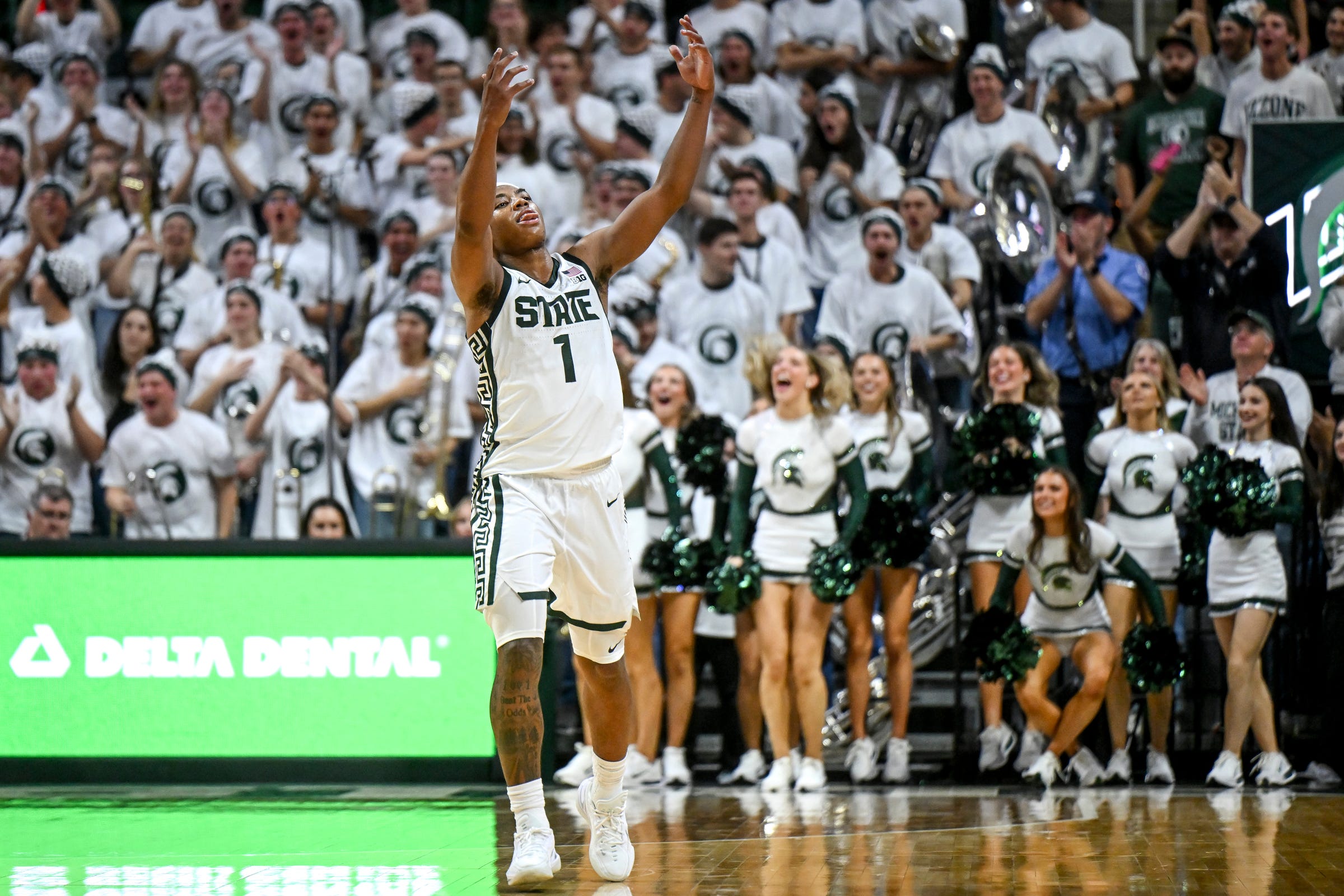 Michigan State's Jeremy Fears Jr. celebrates as part of our Michigan State vs. Kentucky prediction.