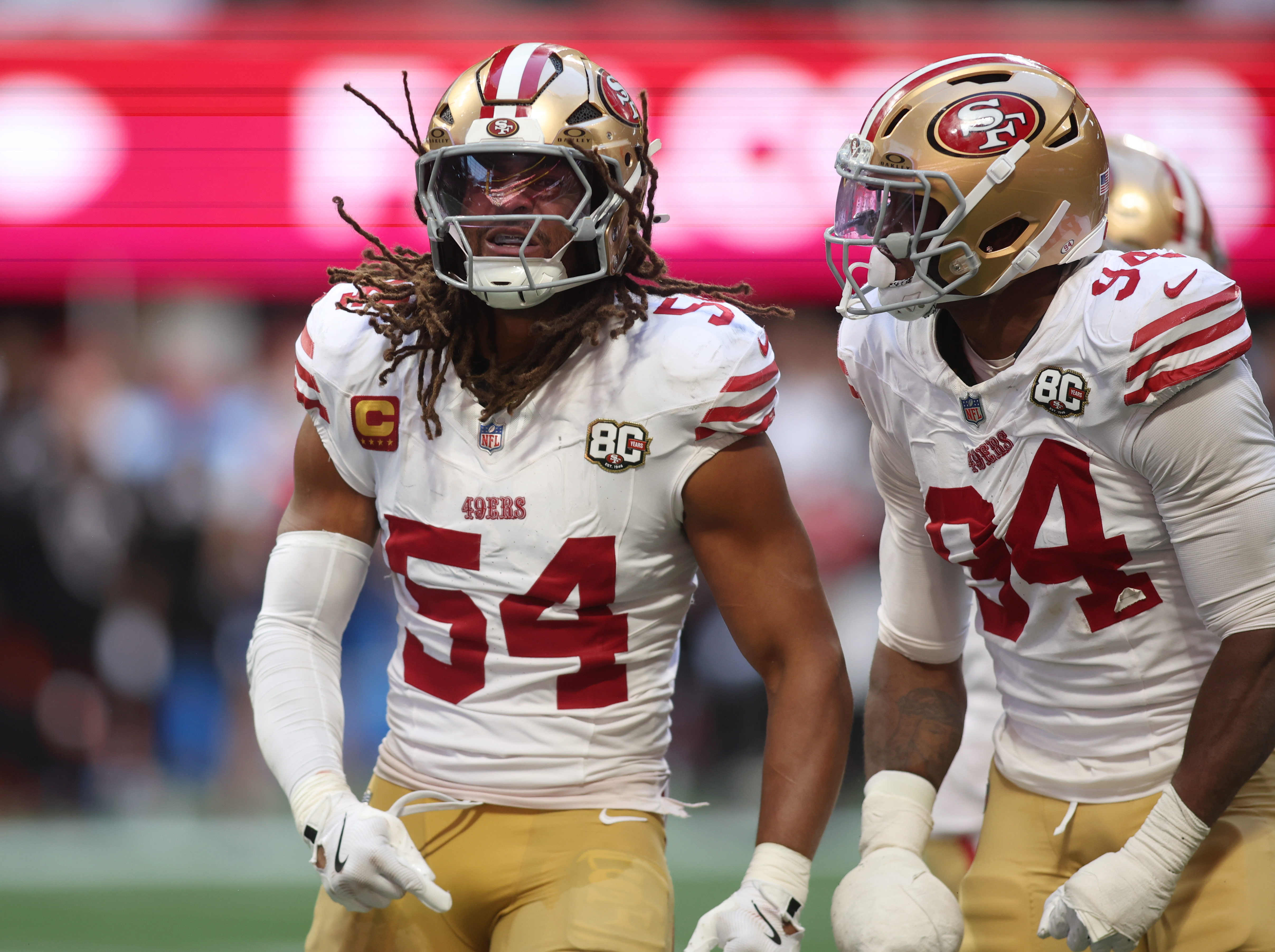 San Francisco 49ers linebacker Fred Warner (54) reacts with defensive end Romello Height (94) after a defensive play as we look at the Super Bowl odds.