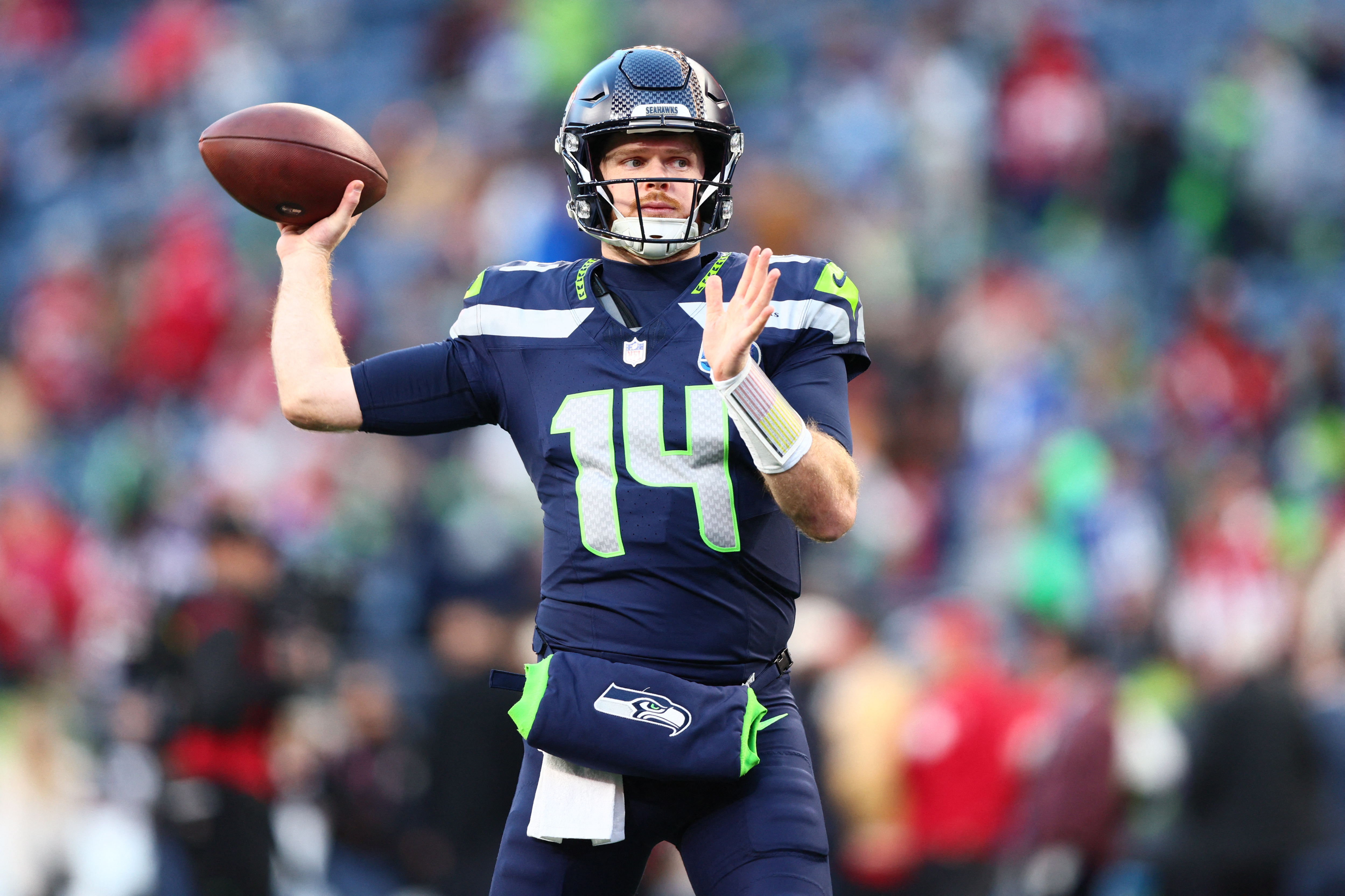 Seattle Seahawks quarterback Sam Darnold (14) warms up as we break down our how the Seahawks win Super Bowl 2026.