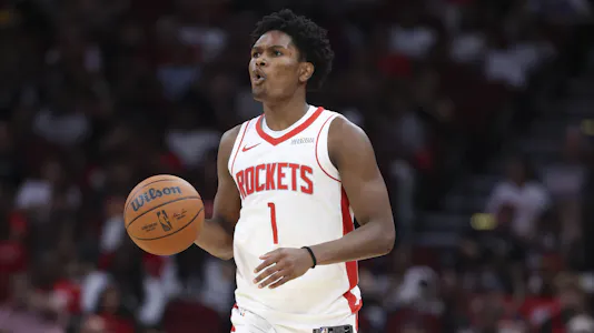 Pictured: Houston Rockets guard Amen Thompson (1) dribbles the ball as we offer our best NBA player prop bets today.