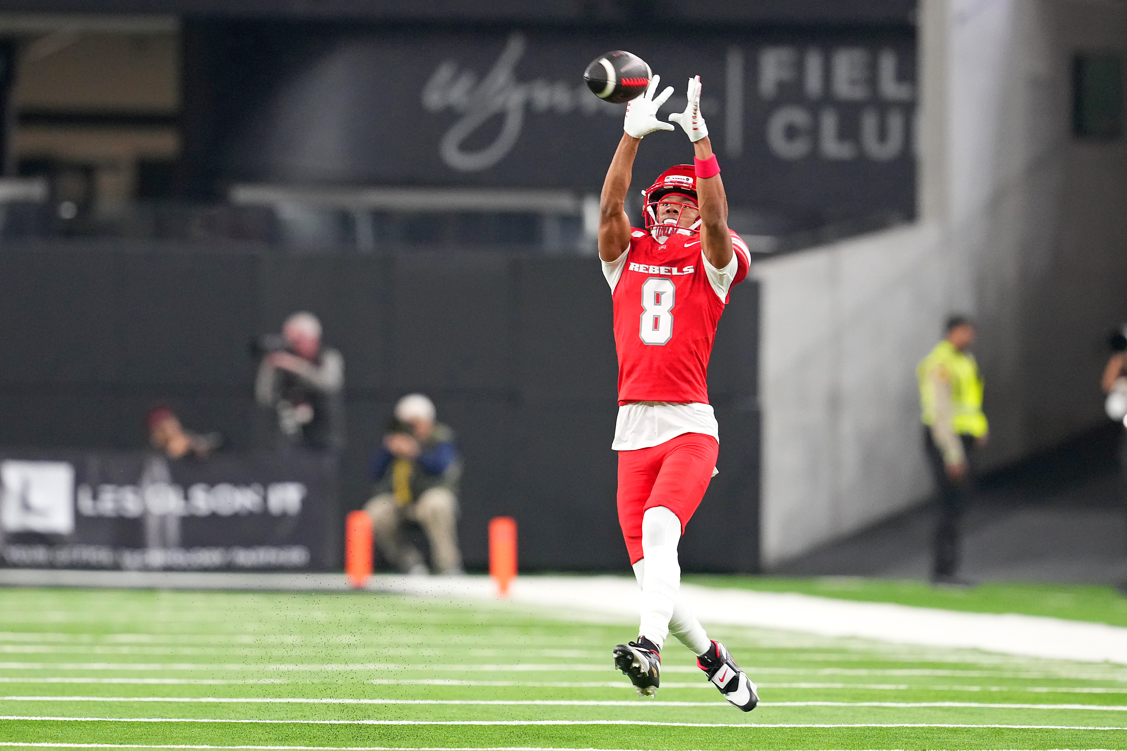 UNLV Rebels wide receiver Taeshaun Lyons makes a catch as we make our best Memphis vs. UNLV player prop predictions.
