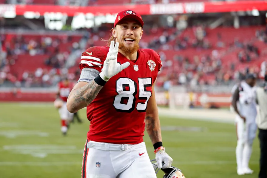 George Kittle of the San Francisco 49ers celebrates after beating the Atlanta Falcons, and we offer new U.S. bettors our exclusive Caesars promo code for 49ers vs. Vikings.