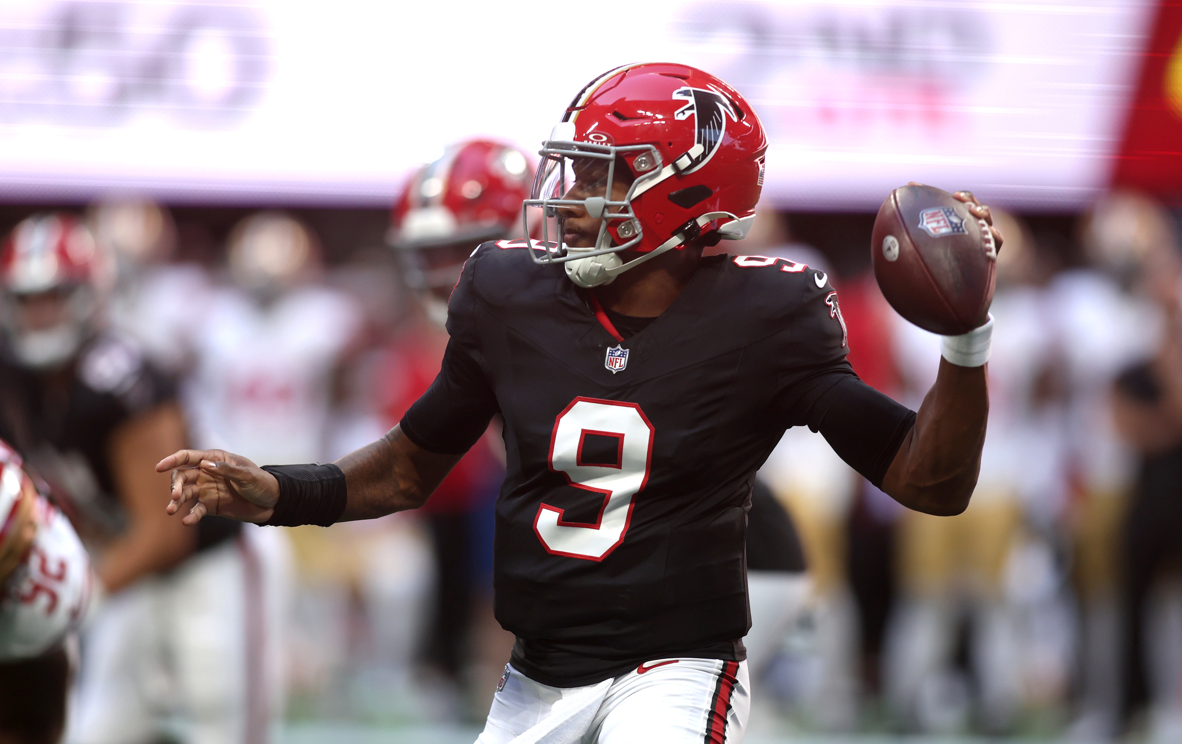 Atlanta Falcons quarterback Michael Penix Jr. (9) makes a throw as we break down our Falcons vs. Buccaneers prediction.
