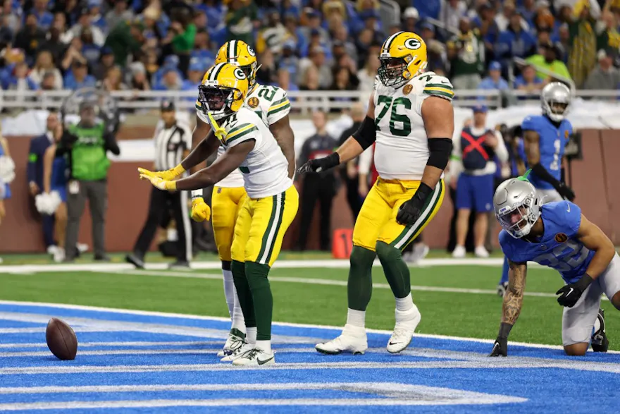 Jayden Reed #11 of the Green Bay Packers celebrates as we look at our anytime touchdown scorer predictions