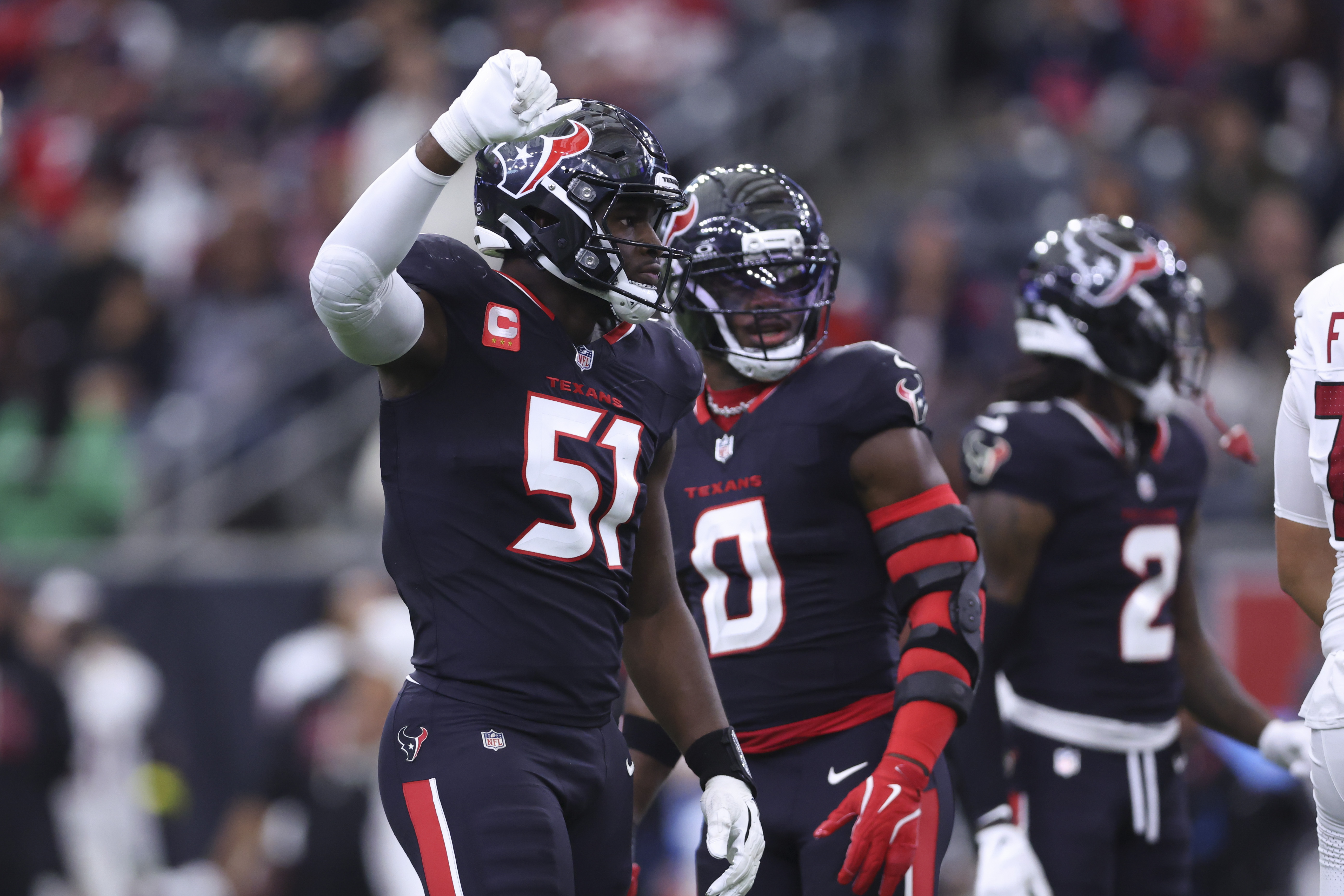 Houston Texans defensive end Will Anderson Jr. (51) reacts as we offer our Texans vs. Steelers expert picks for Wild Card Weekend.