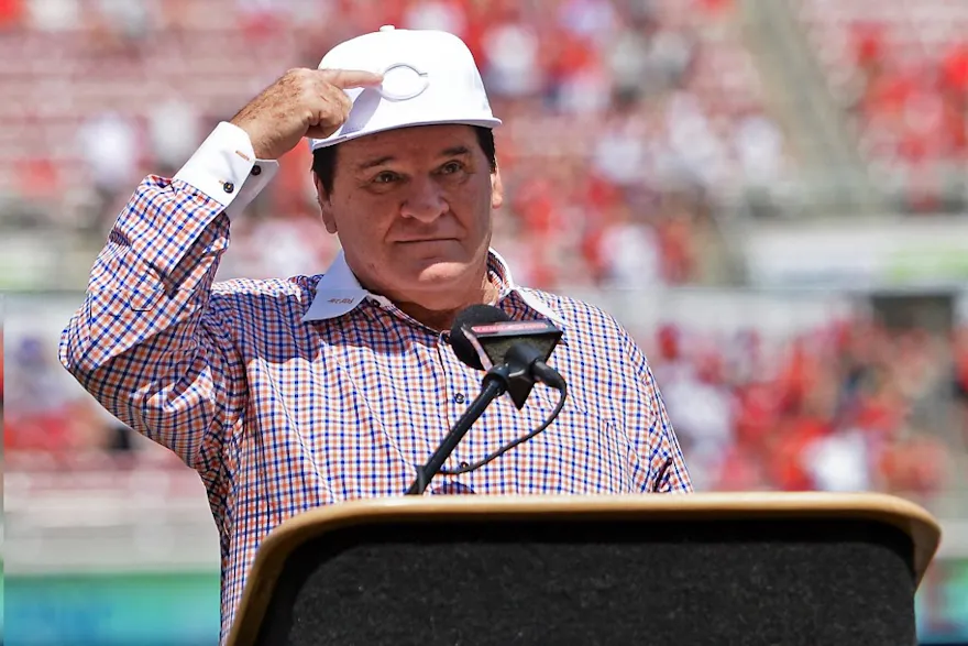 Former Cincinnati Reds player and Major League Baseball all-time hits leader Pete Rose speaks during his induction in to the Reds Hall of Fame before a game between the Cincinnati Reds and the San Diego Padres at Great American Ball Park on June 25, 2016 