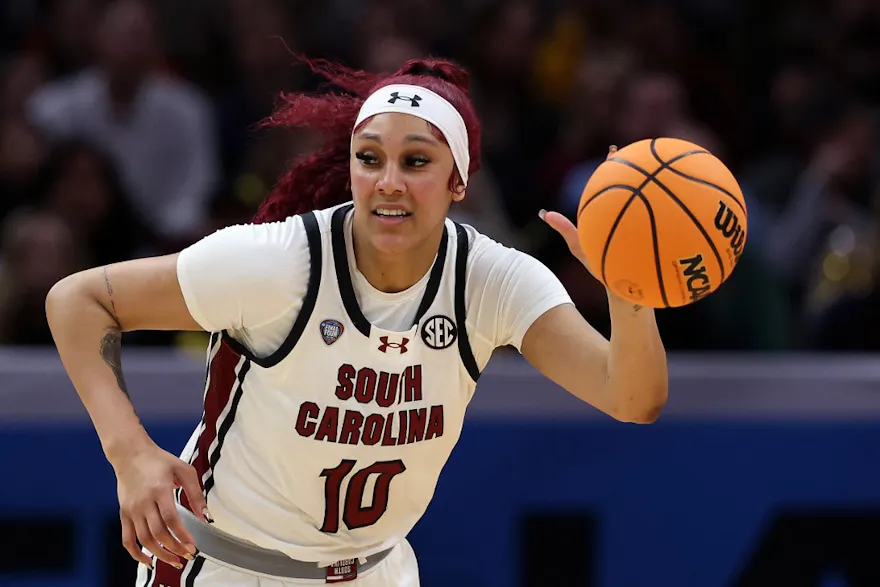 Kamilla Cardoso of the South Carolina Gamecocks looks on in the first half during the NCAA Women's Basketball Tournament Final Four semifinal game. We're backing Cardoso in our Iowa vs. South Carolina prediction.