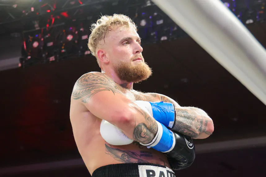Jake Paul reacts after knocking out Andre August in the first round as we look at the best Jake Paul vs. Mike Perry odds