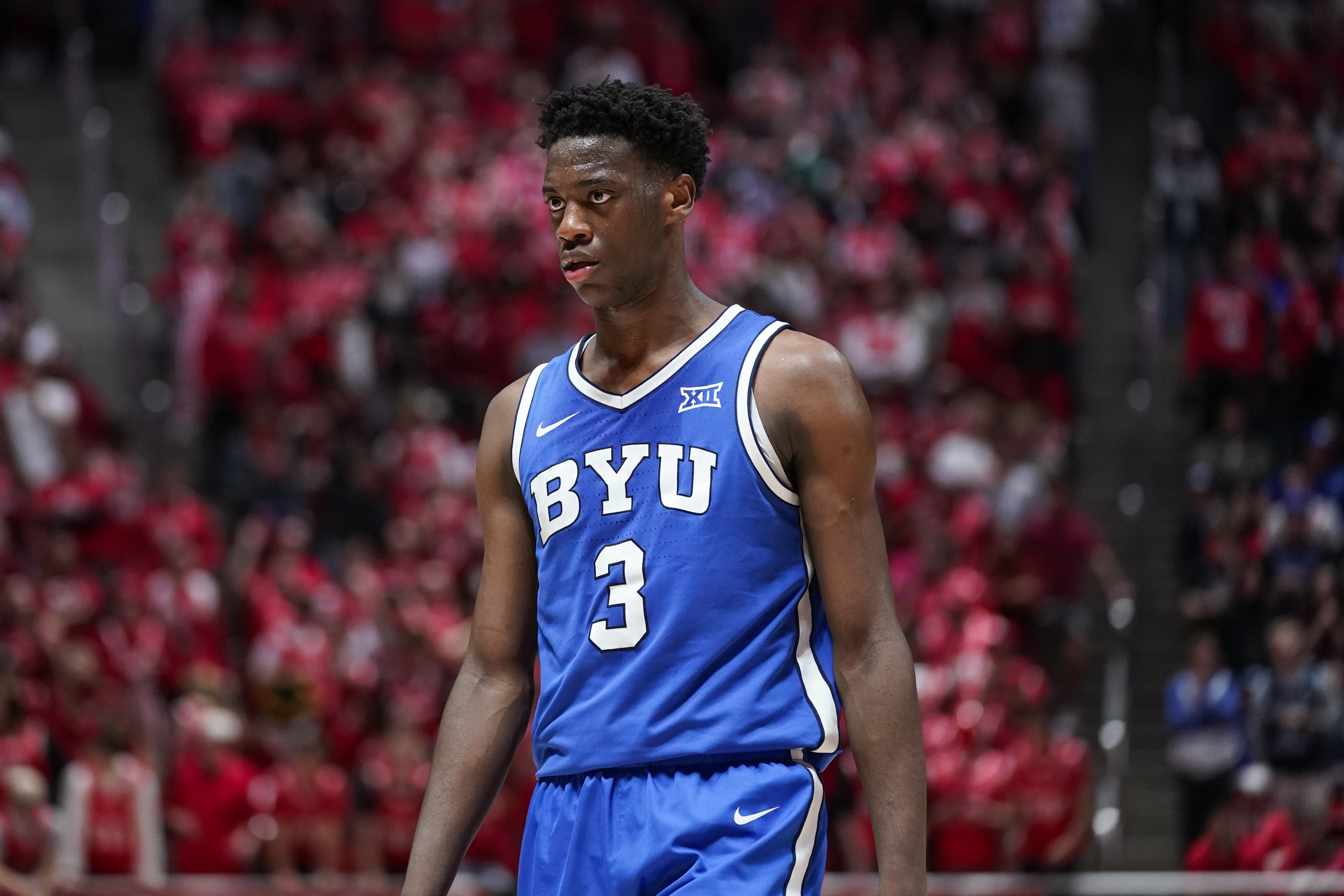 BYU Cougars forward AJ Dybantsa (3) looks on as we break down our TCU vs. BYU prediction, picks & odds.