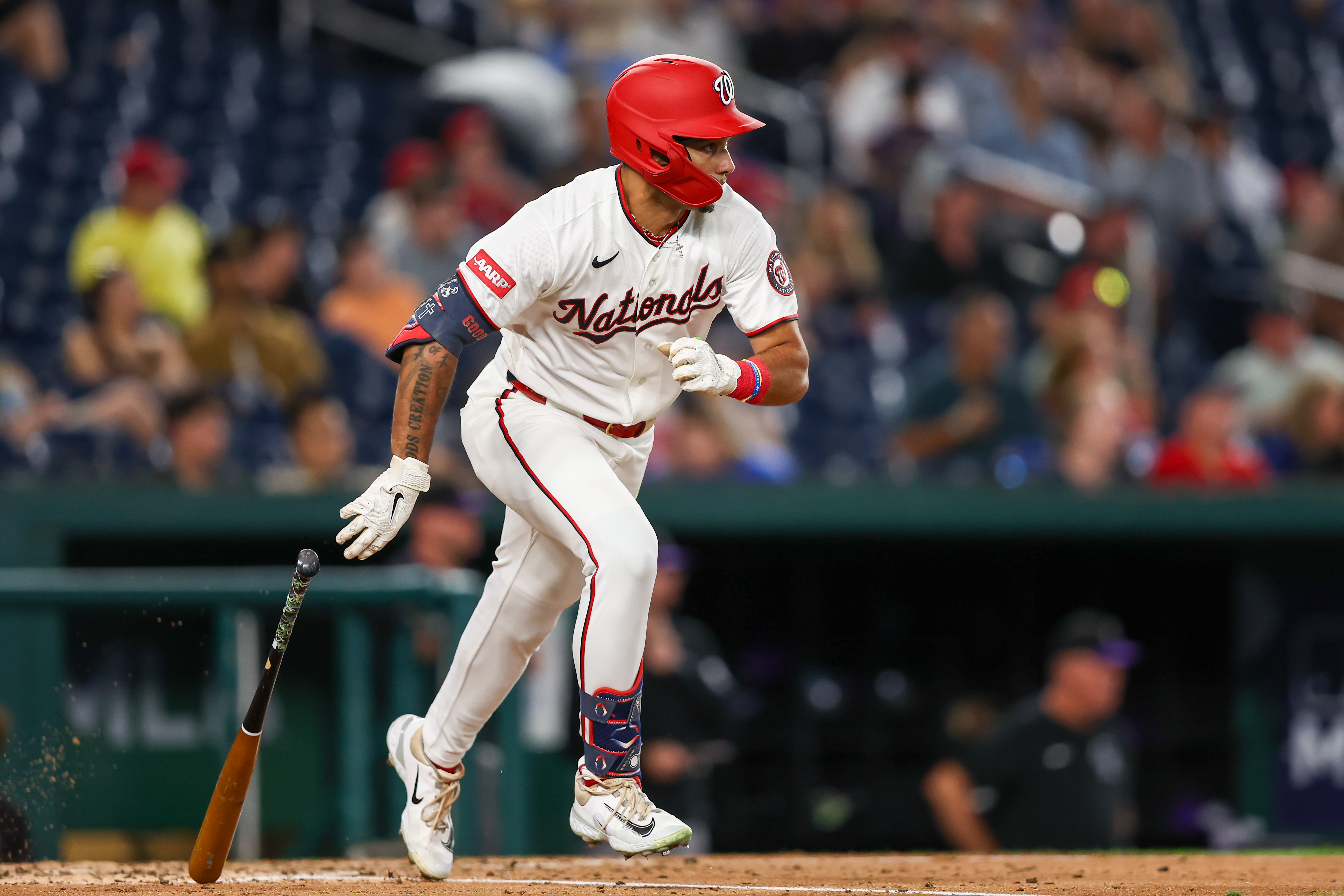 Washington Nationals left fielder Daylen Lile (4) singles as he is featured in our Marlins vs. Nationals prediction.