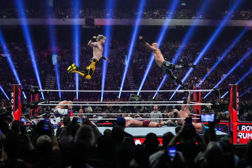 Logan Paul and Ricochet wrestle during the WWE Royal Rumble, and we offer our top predictions for the 2024 Royal Rumble based on odds from our best sports betting apps.