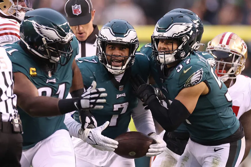 Haason Reddick #7 of the Philadelphia Eagles celebrates with Fletcher Cox #91 and T.J. Edwards #57 after recovering a fumble against the San Francisco 49ers during the second quarter in the NFC Championship Game on Jan. 29.