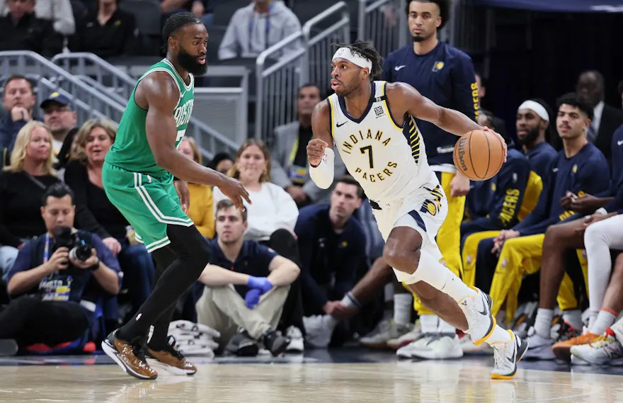 Jaylen Brown #7 of the Boston Celtics defends Buddy Hield #7 of the Indiana Pacers as we look at our best Pacers vs. Celtics NBA player props