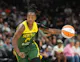 Seattle Storm guard Jewell Loyd (24) dribbles as we offer our best Storm vs. Wings prediction and expert picks for Thursday's WNBA matchup at College Park Center in Arlington, Texas.