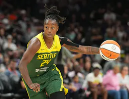 Seattle Storm guard Jewell Loyd (24) dribbles as we offer our best Storm vs. Wings prediction and expert picks for Thursday's WNBA matchup at College Park Center in Arlington, Texas.